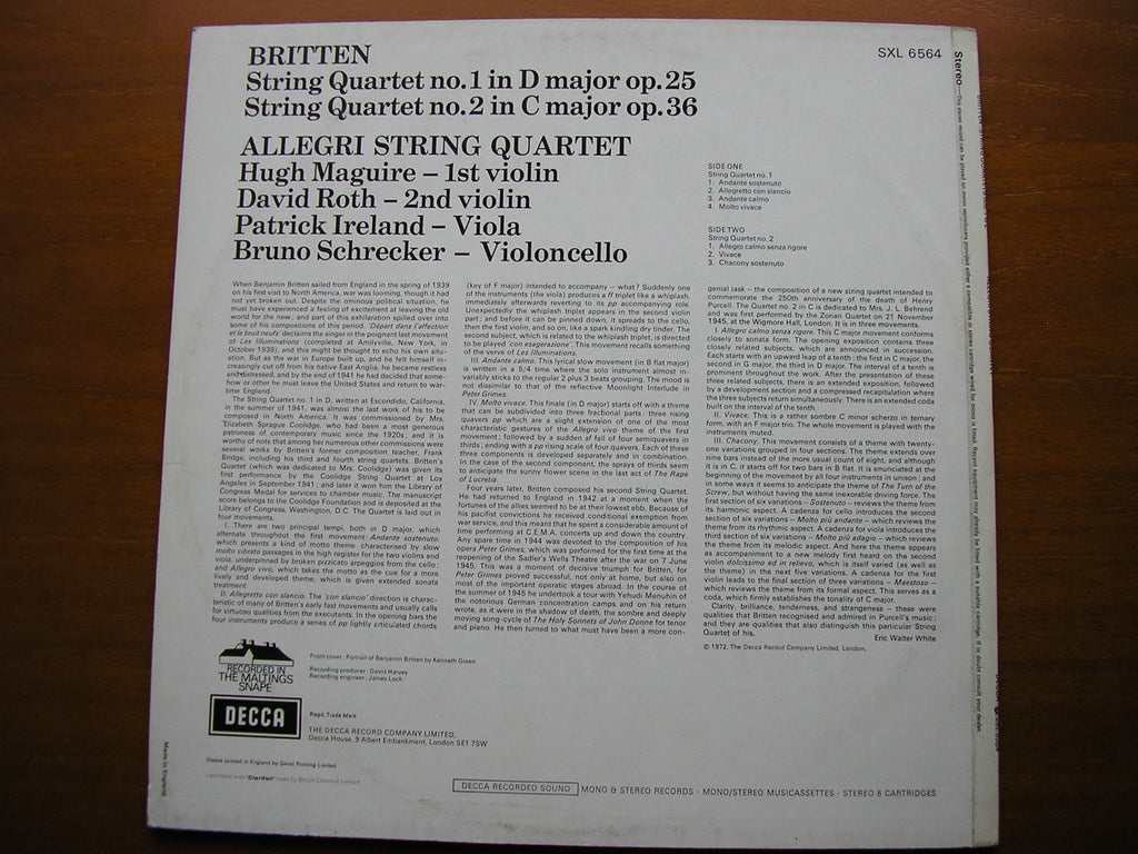 SXL 6564 BRITTEN: STRING QUARTETS Nos. 1 & 2 ALLEGRI STRING QUARTET