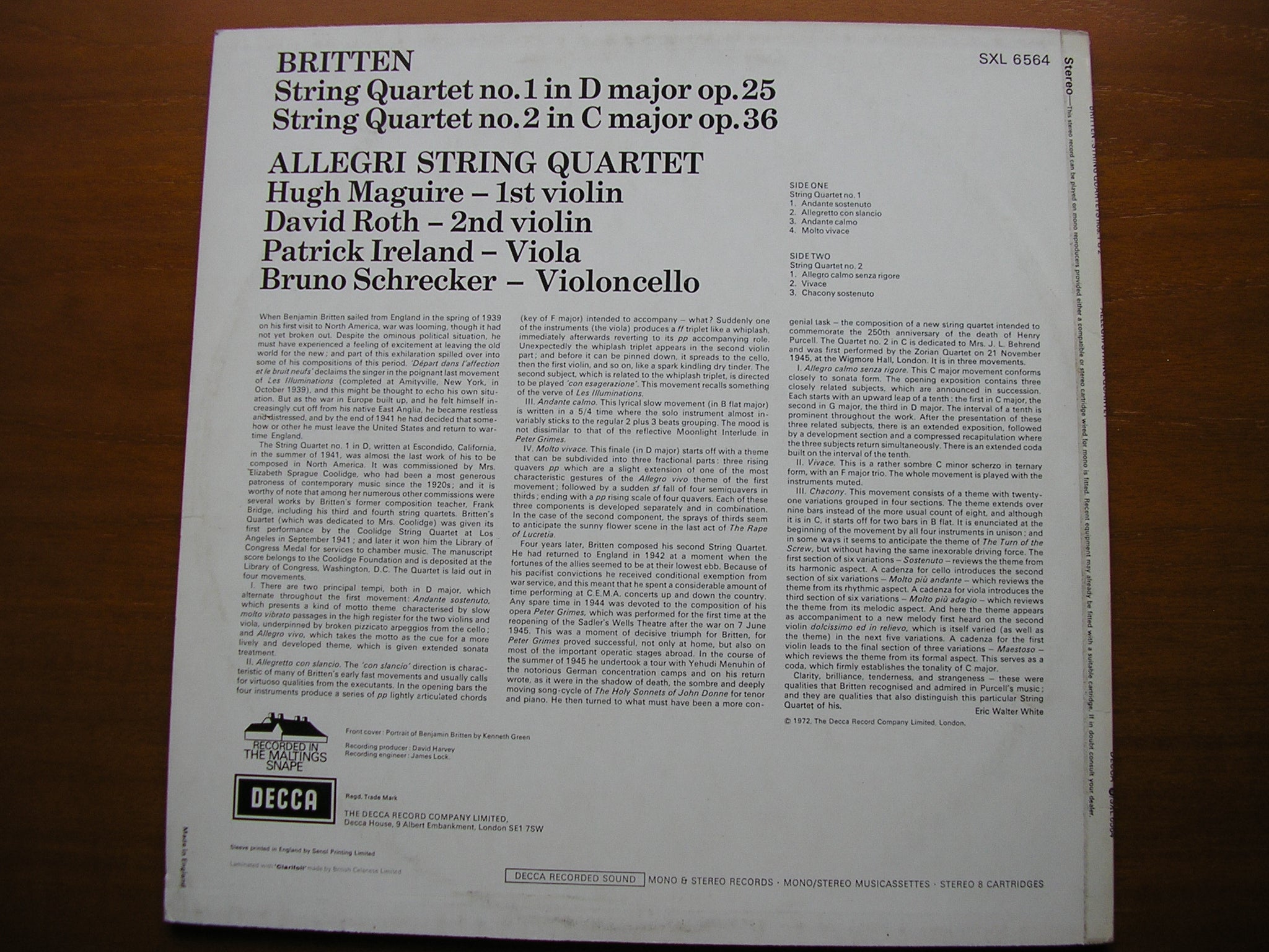 SXL 6564 BRITTEN: STRING QUARTETS Nos. 1 & 2 ALLEGRI STRING QUARTET
