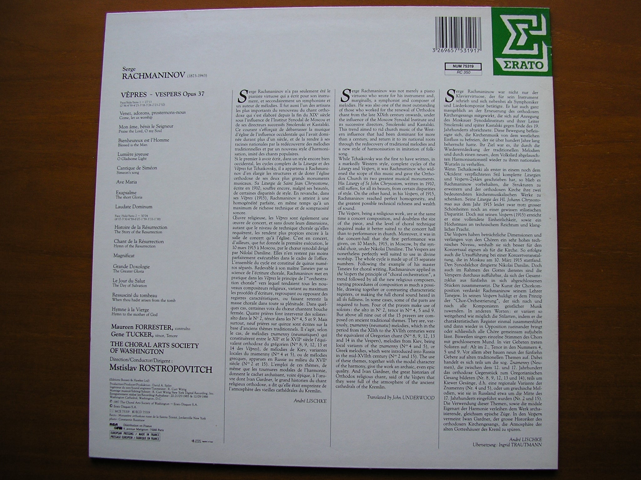 RACHMANINOV: VESPERS      SOLOISTS / WASHINGTON CHOIR / POSTROPOVICH      NUM 75319