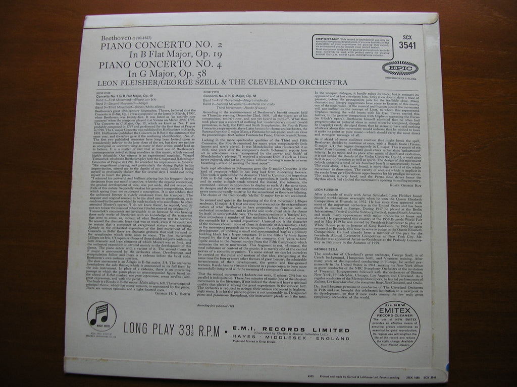 BEETHOVEN: PIANO CONCERTOS Nos. 2 & 4    FLEISHER / CLEVELAND ORCHESTRA / SZELL    SCX  3541