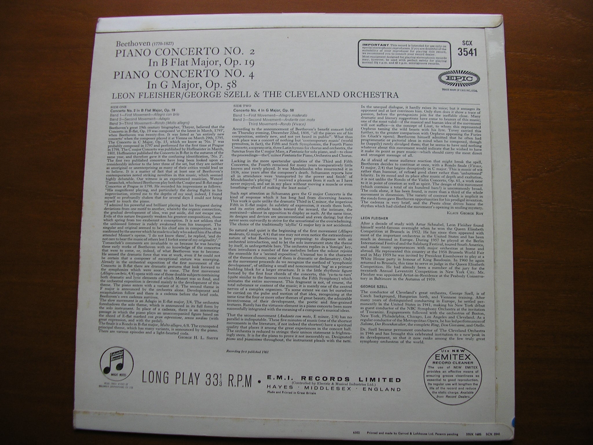 BEETHOVEN: PIANO CONCERTOS Nos. 2 & 4    FLEISHER / CLEVELAND ORCHESTRA / SZELL    SCX  3541