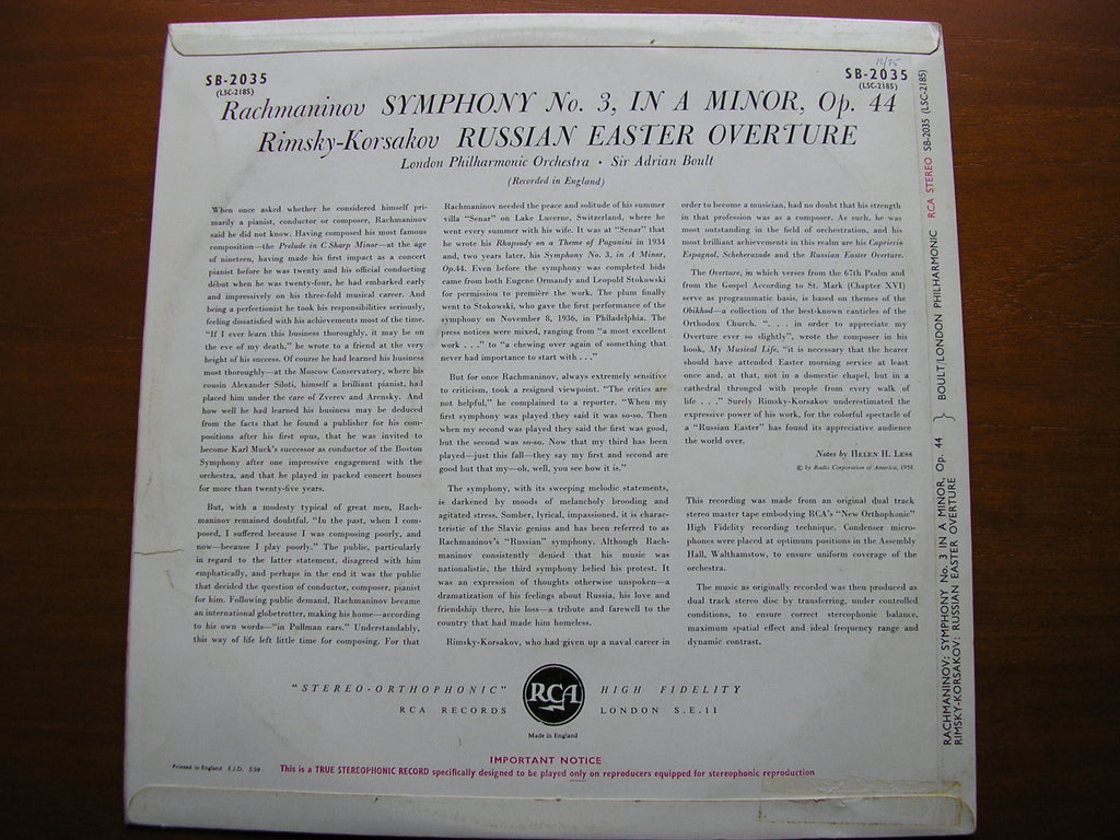 RACHMANINOV: SYMPHONY No. 3 / RIMSKY-KORSAKOV: RUSSIAN EASTER OVERTURE    BOULT / LONDON PHILHARMONIC   SB 2035