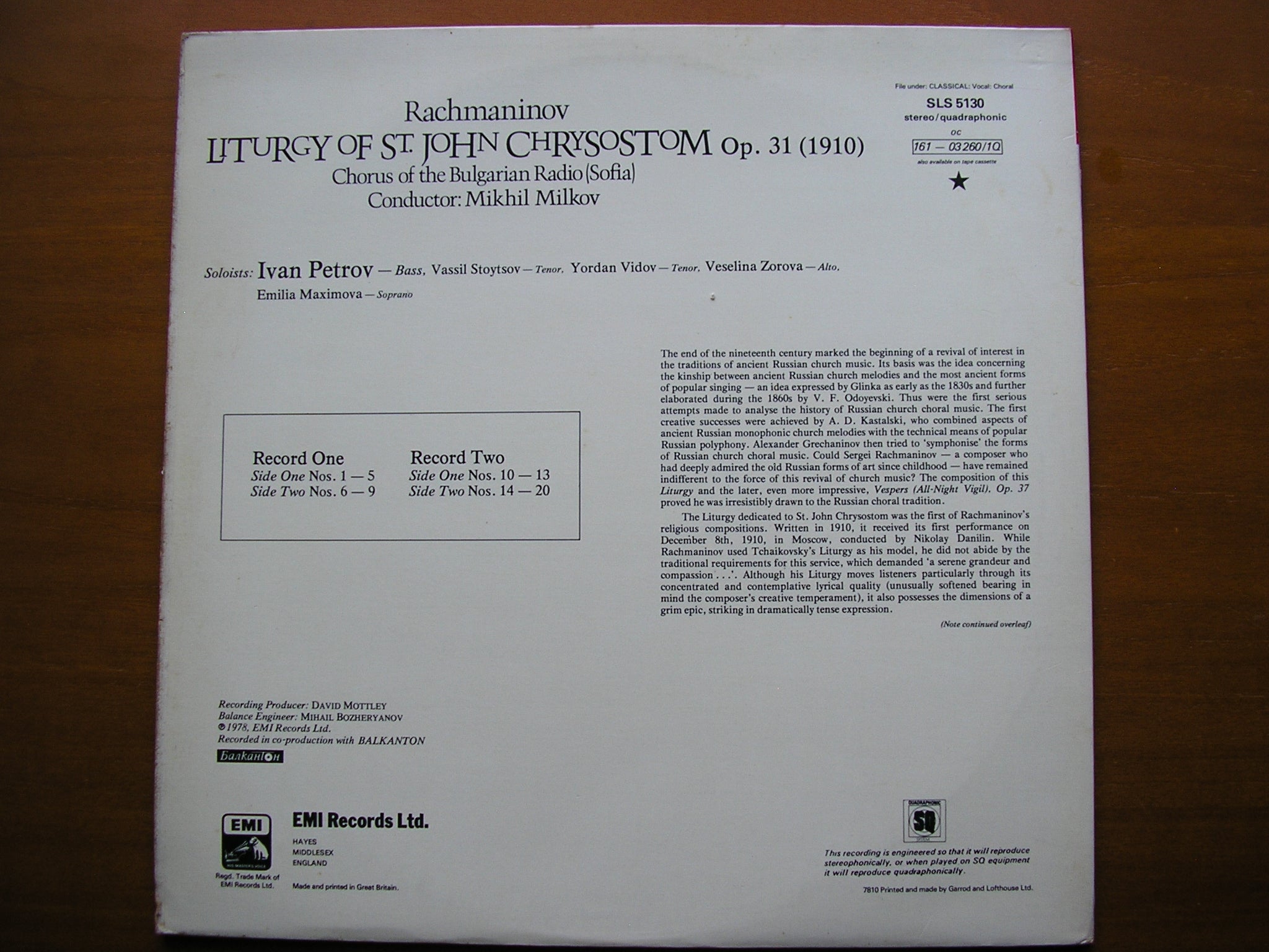 RACHMANINOV: LITURGY OF ST JOHN CHRYSOSTOM      BULGARIAN RADIO CHOIR / MILKOV     2LP     SLS 5130