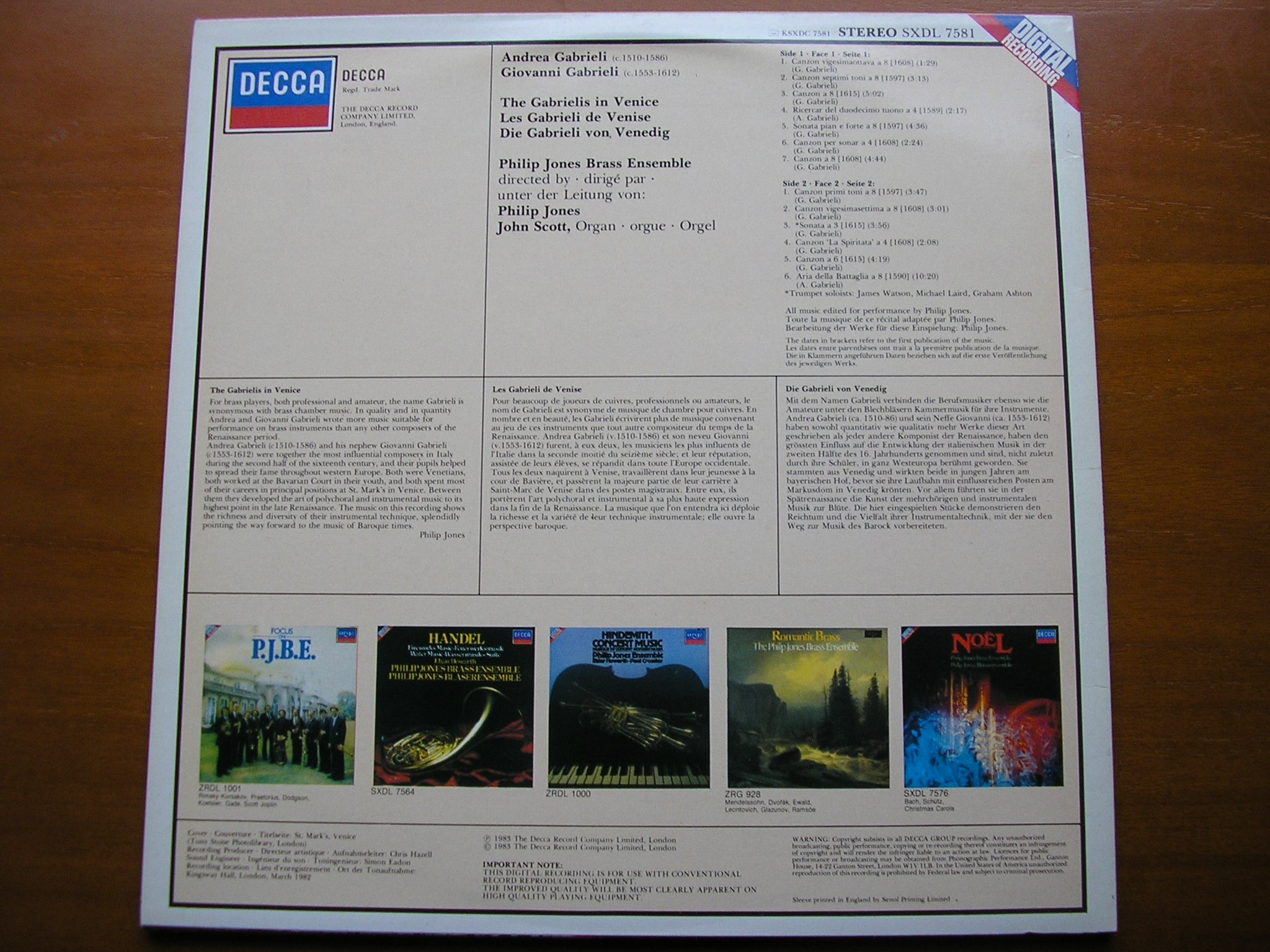 GABRIELI IN VENICE: MUSIC OF ANDREA & GIOVANNI GABRIELI / PHILIP JONES BRASS ENSEMBLE     SXDL 7581