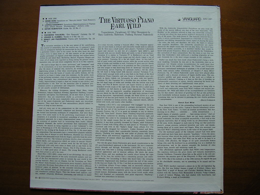 THE VIRTUOSO PIANO: HERZ / THALBERG /RUBINSTEIN / GODOWSKY / HUMMEL        EARL WILD     SRV 391