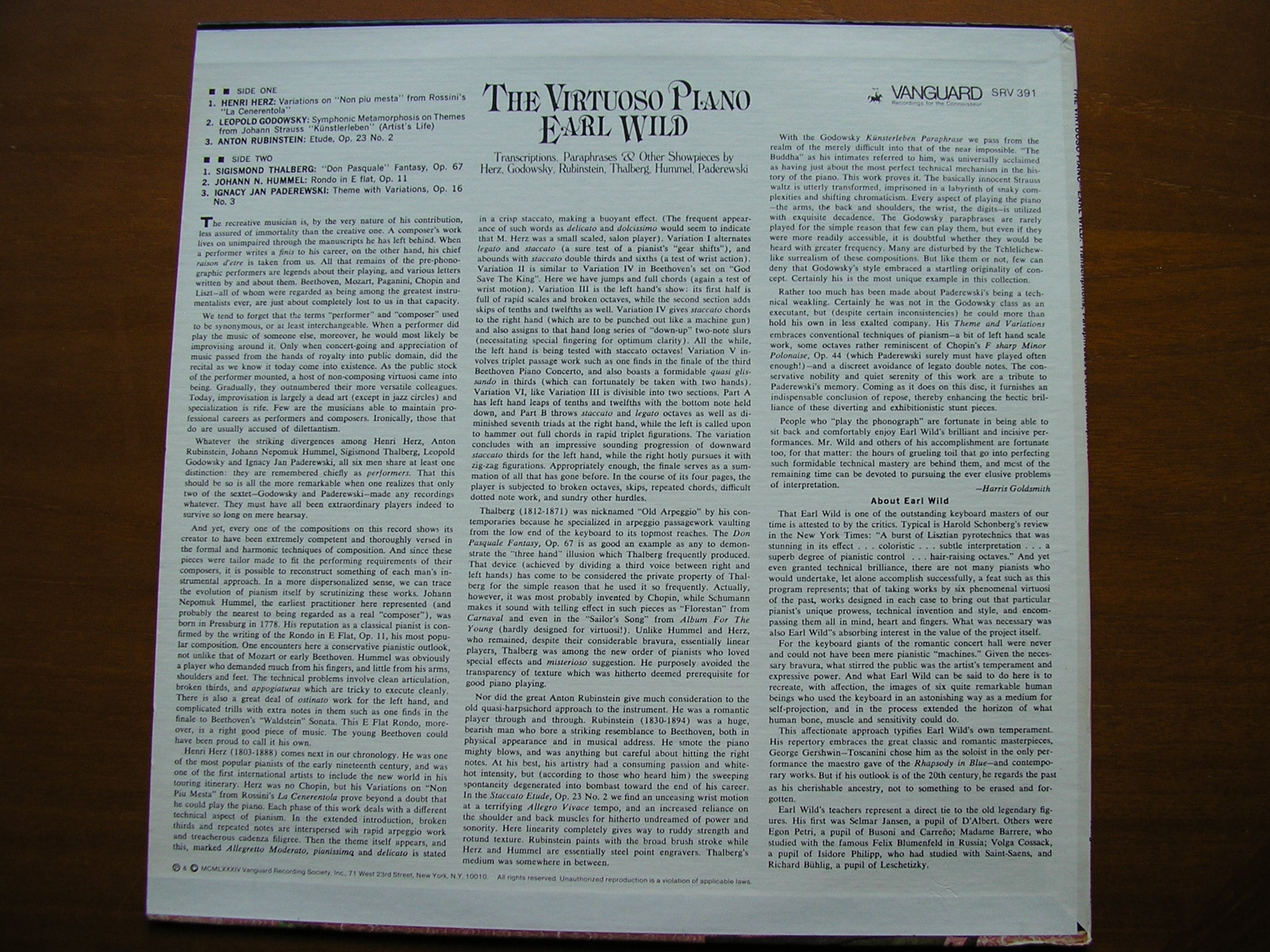 THE VIRTUOSO PIANO: HERZ / THALBERG /RUBINSTEIN / GODOWSKY / HUMMEL        EARL WILD     SRV 391