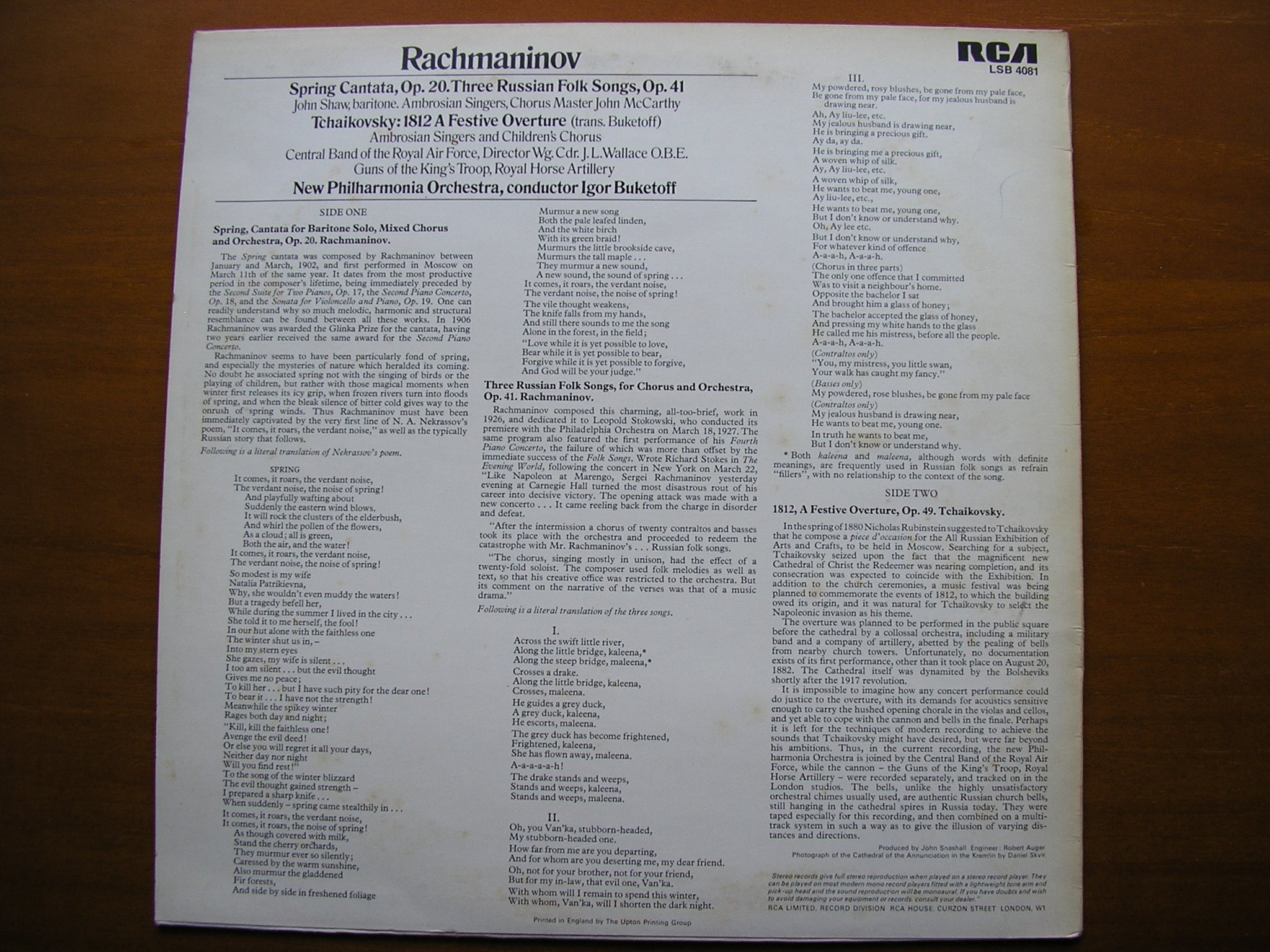 RACHMANINOV: SPRING CANTATA / THREE RUSSIAN SONGS / TCHAIKOVSKY: 1812     SHAW / NEW PHILHARMONIA / BUKETOFF     LSB 4081 /