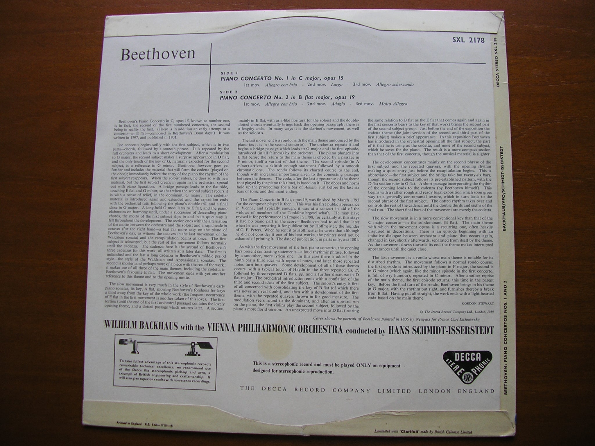 SXL 2178 BEETHOVEN: PIANO CONCERTOS Nos. 1 & 2 BACKHAUS / VIENNA PHILHARMONIC / SCHMIDT-ISSERSTEDT