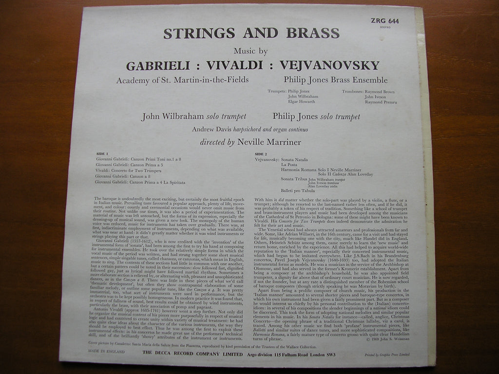 STRINGS & BRASS: MUSIC OF GABRIELI / VEJVANOVSKY / VIVALDI     WILBRAHAM / JONES / DAVIS / MARRINER     ZRG 644