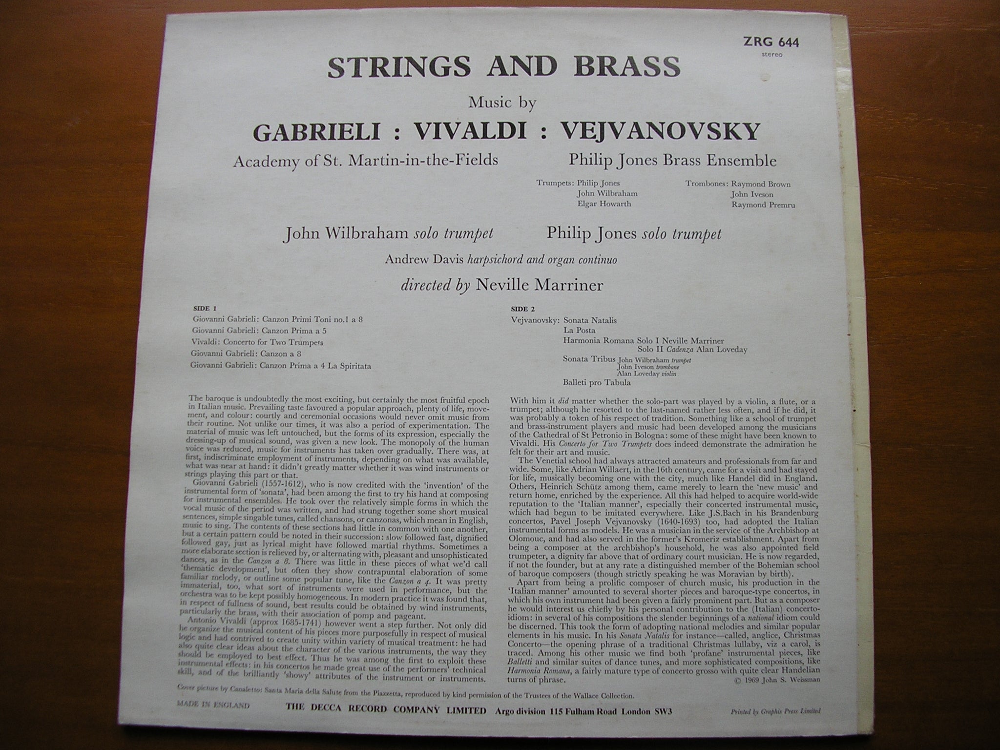 STRINGS & BRASS: MUSIC OF GABRIELI / VEJVANOVSKY / VIVALDI     WILBRAHAM / JONES / DAVIS / MARRINER     ZRG 644