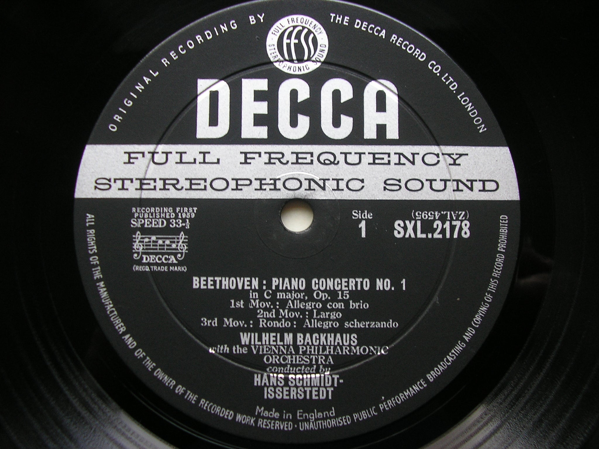SXL 2178 BEETHOVEN: PIANO CONCERTOS Nos. 1 & 2 BACKHAUS / VIENNA PHILHARMONIC / SCHMIDT-ISSERSTEDT