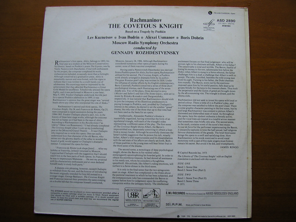 RACHMANINOV: THE COVETOUS KNIGHT    SOLOISTS / MOSCOW RADIO SYMPHONY / ROZHDESTVENSKY    ASD 2890