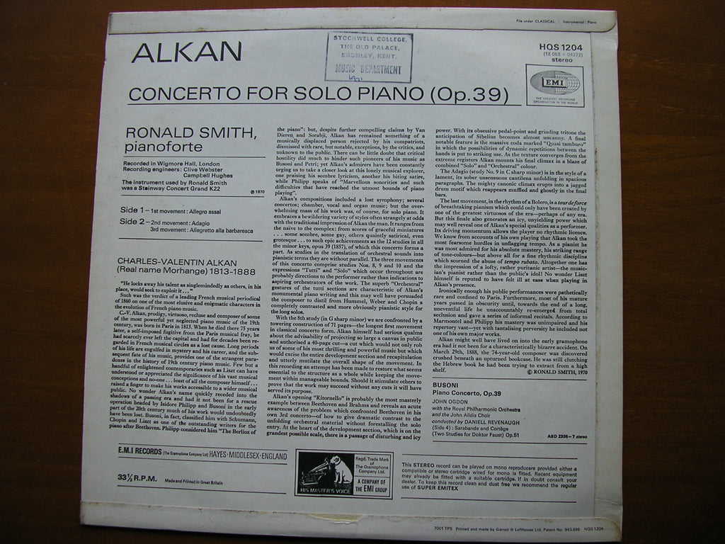 ALKAN: CONCERTO FOR SOLO PIANO Op. 39       RONALD SMITH      HQS 1204
