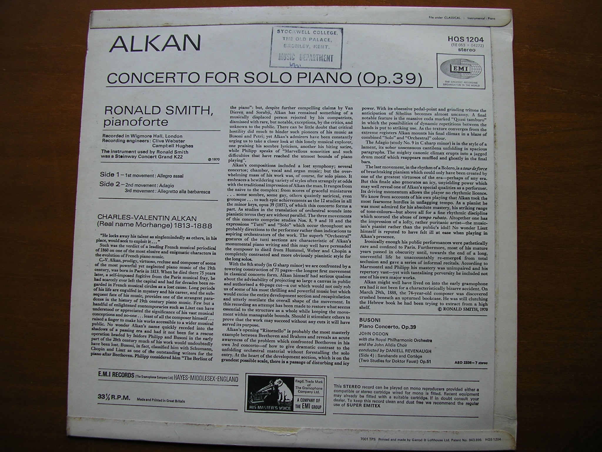 ALKAN: CONCERTO FOR SOLO PIANO Op. 39       RONALD SMITH      HQS 1204
