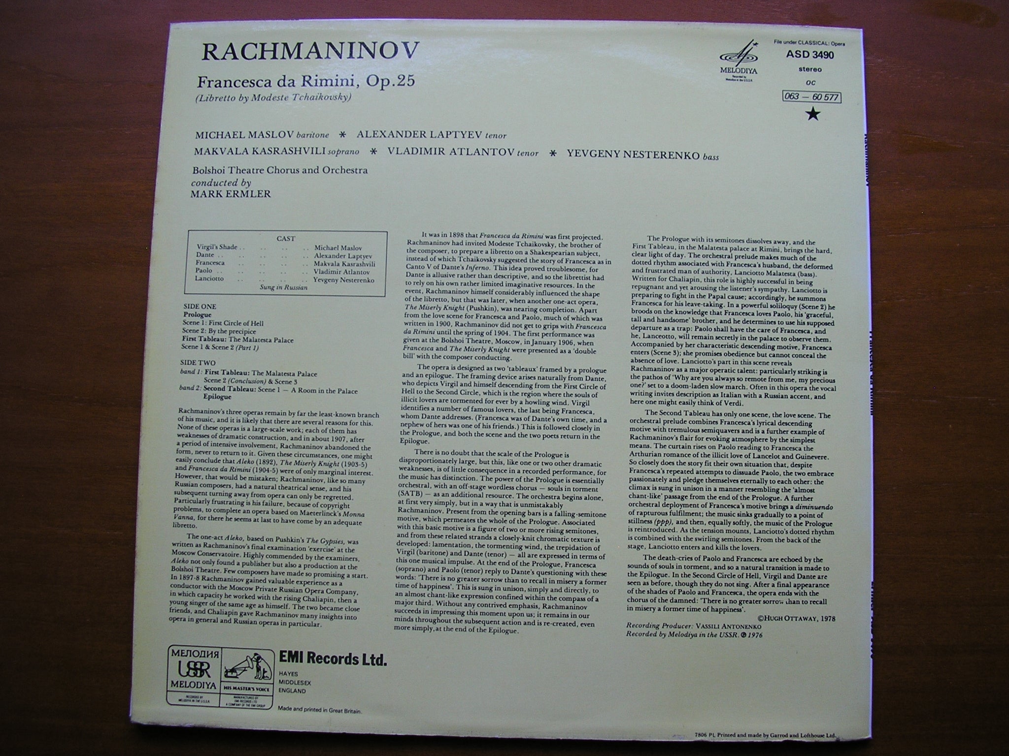 RACHMANINOV: FRANCESCA DA RIMINI     SOLOISTS / BOLSHOI ORCHESTRA & CHORUS / ERMLER      ASD 3490