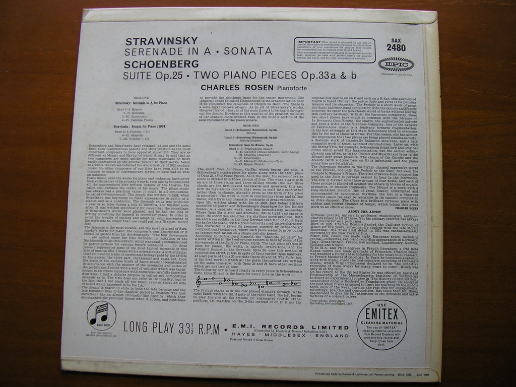 STRAVINSKY: PIANO SONATA / SERENADE / SCHOENBERG: SUITE FOR PIANO Op. 25 / PIANO PIECES Op. 33        CHARLES ROSEN        SAX 2480