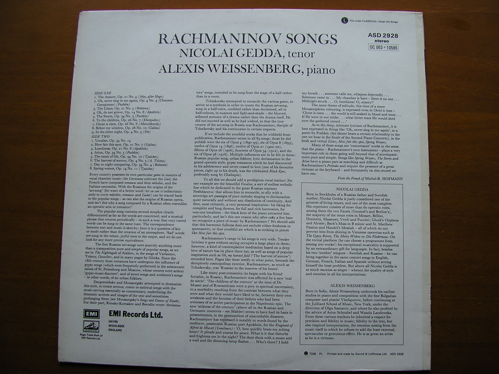 RACHMANINOV: SONGS      NICOLAI GEDDA / ALEXIS WEISSENBERG          ASD 2928
