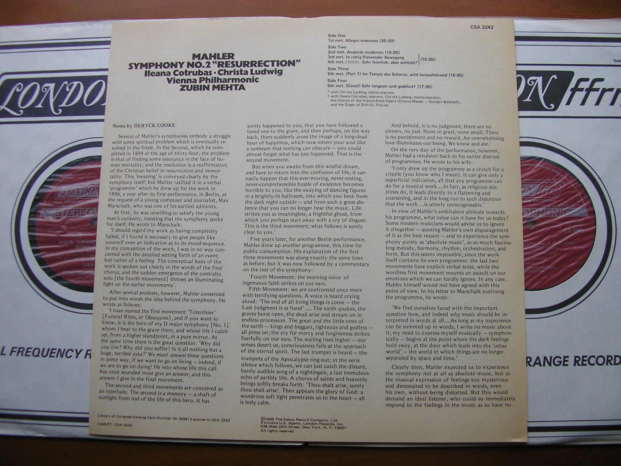 MAHLER: SYMPHONY No. 2 'Resurrection'    COTRUBAS / LUDWIG / VIENNA PHILHARMONIC / MEHTA    CSA 2242