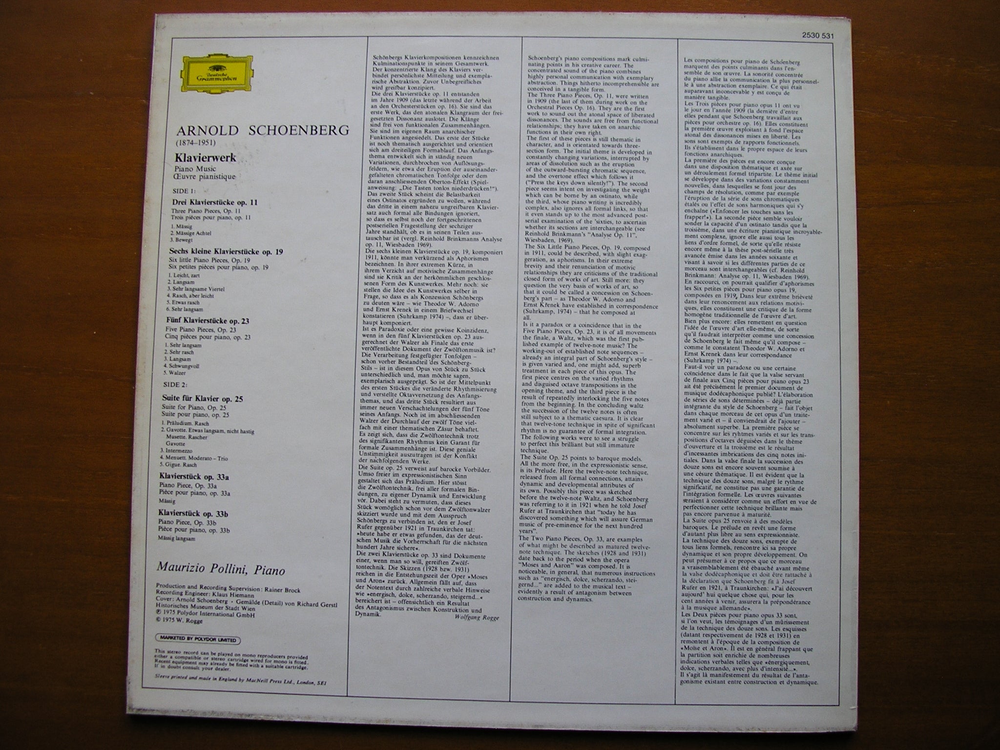 SCHOENBERG: PIANO MUSIC      MAURIZIO POLLINI          2530 531