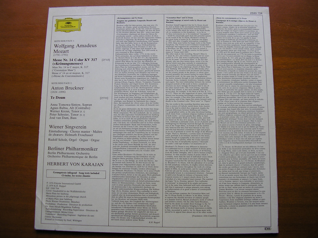 BRUCKNER: TE DEUM / MOZART: CORONATION MASS      SOLOISTS / BERLIN PHILHARMONIC / KARAJAN      2530 704
