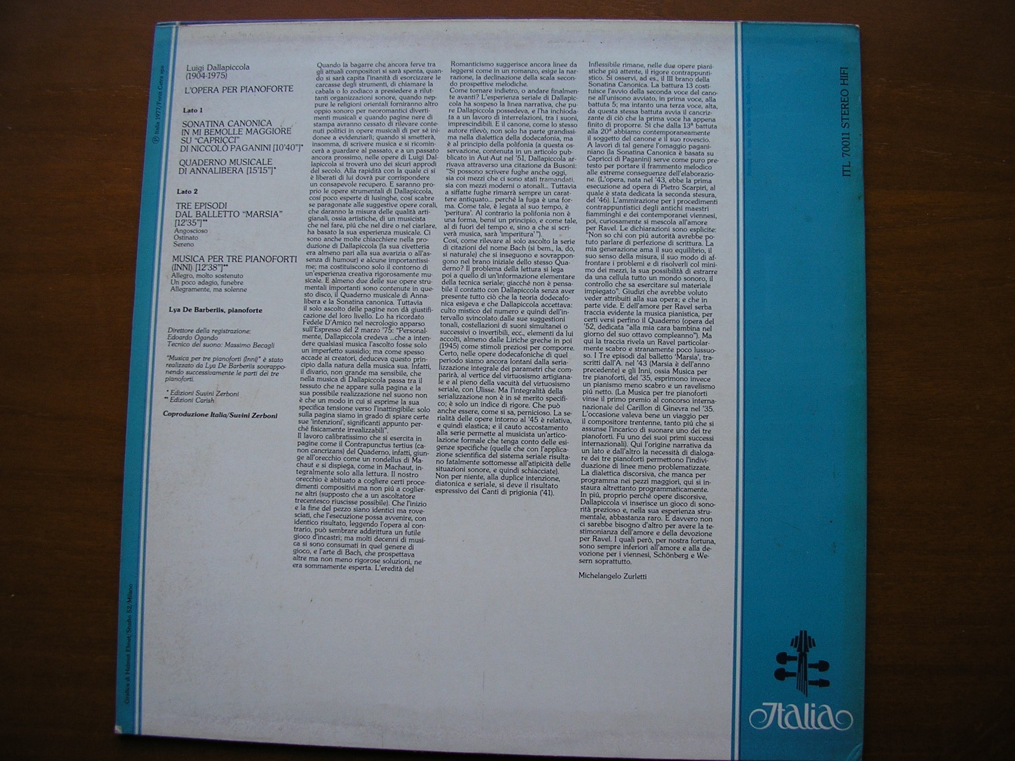 DALLAPICCOLA: PIANO MUSIC       LYA DE BARBERIIS        ITL 70011