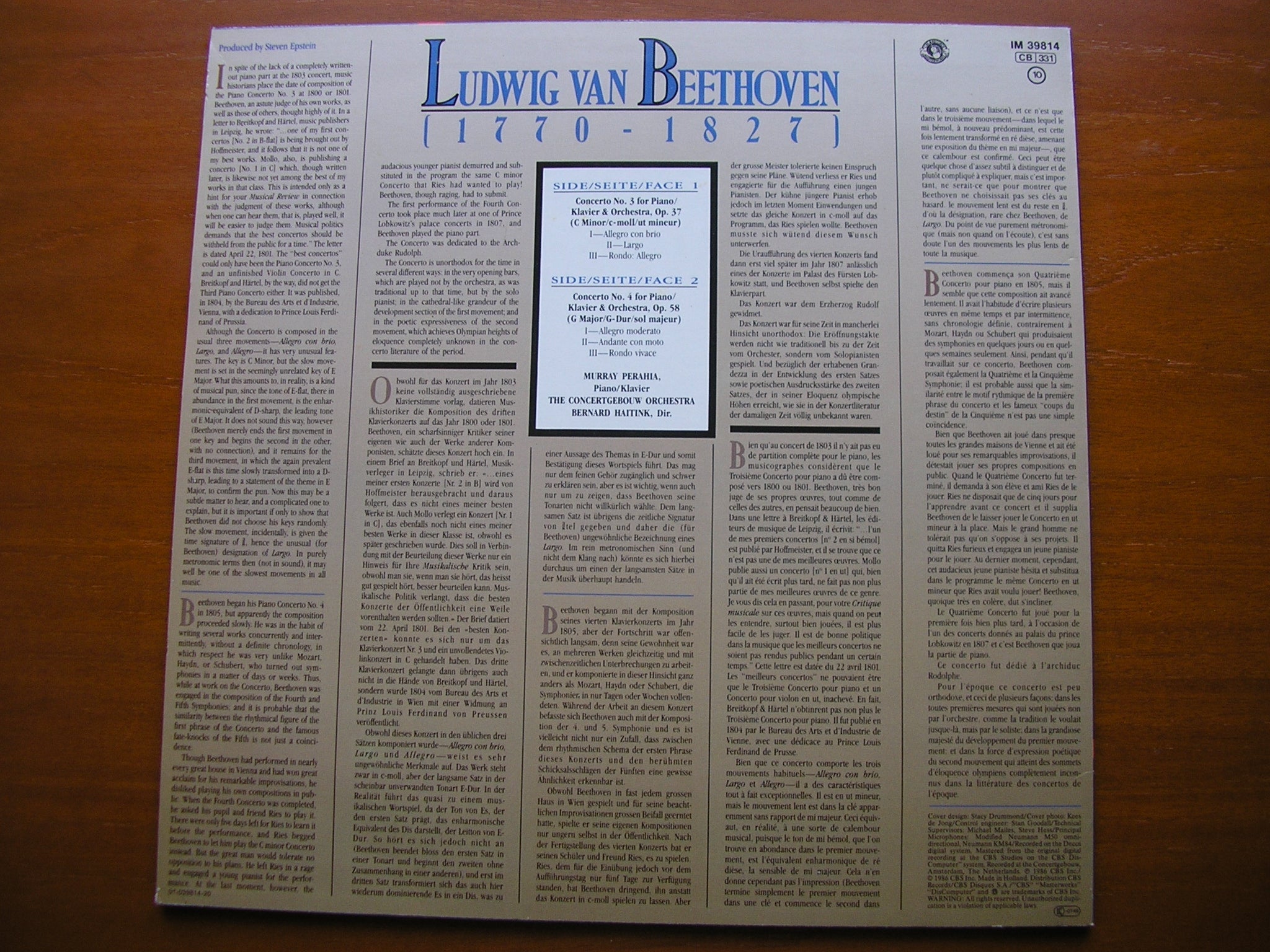 BEETHOVEN: PIANO CONCERTOS Nos. 3 & 4   PERAHIA / CONCERTGEBOUW ORCHESTRA / HAITINK    IM 39814