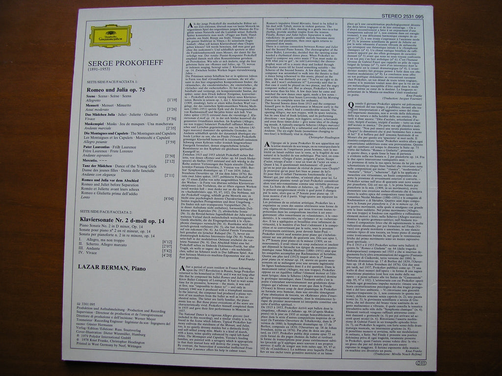 PROKOFIEV: PIANO SONATA No. 2 / ROMEO & JULIET Op. 75      LAZAR BERMAN      2531 095