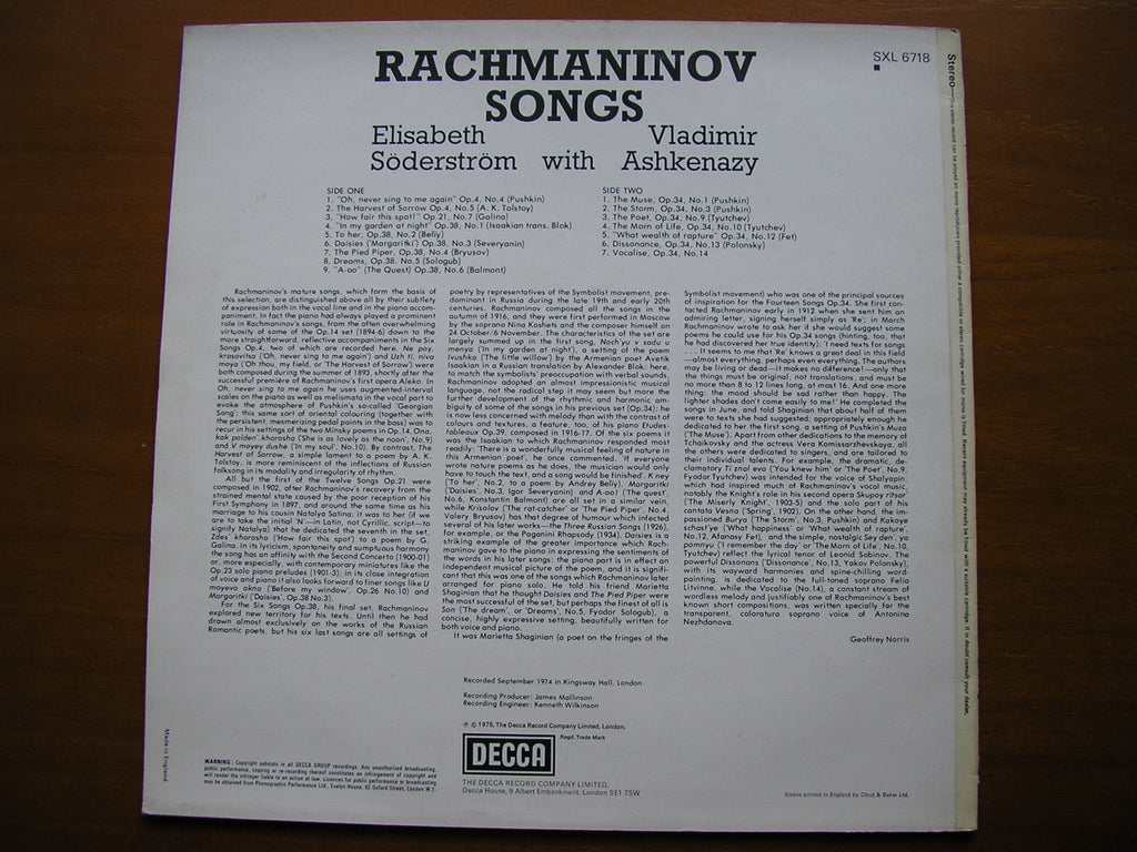 RACHMANINOV: SONGS    Volume 1     ELISABETH SODERSTROM / VLADIMIR ASHKENAZY     SXL 6718