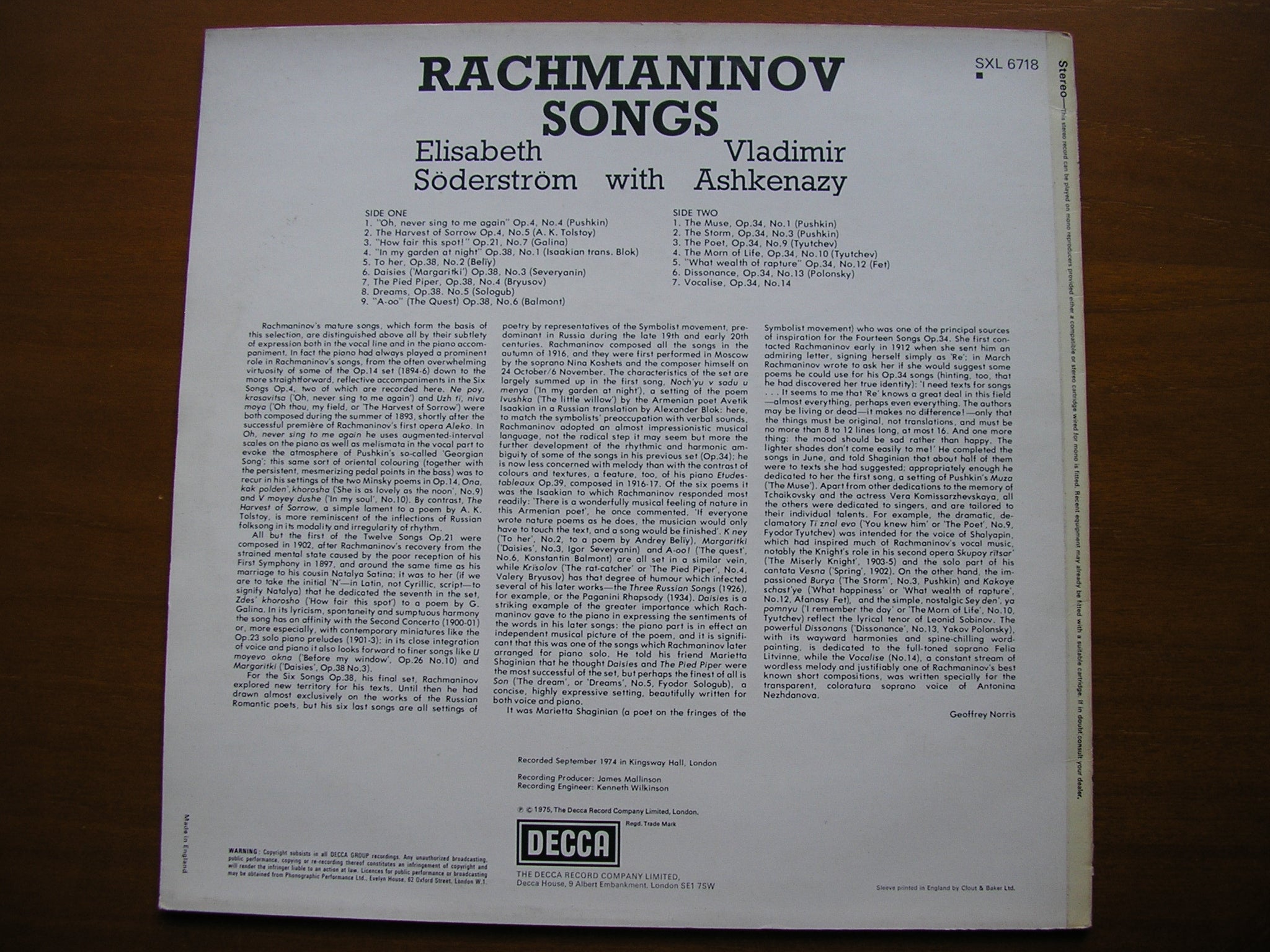 RACHMANINOV: SONGS    Volume 1     ELISABETH SODERSTROM / VLADIMIR ASHKENAZY     SXL 6718