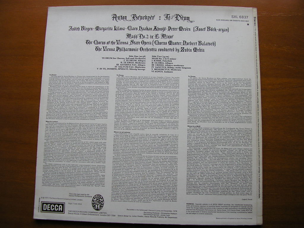 SXL 6837 BRUCKNER: TE DEUM / MASS No. 2 in E SOLOISTS / VIENNA PHILHARMONIC / MEHTA