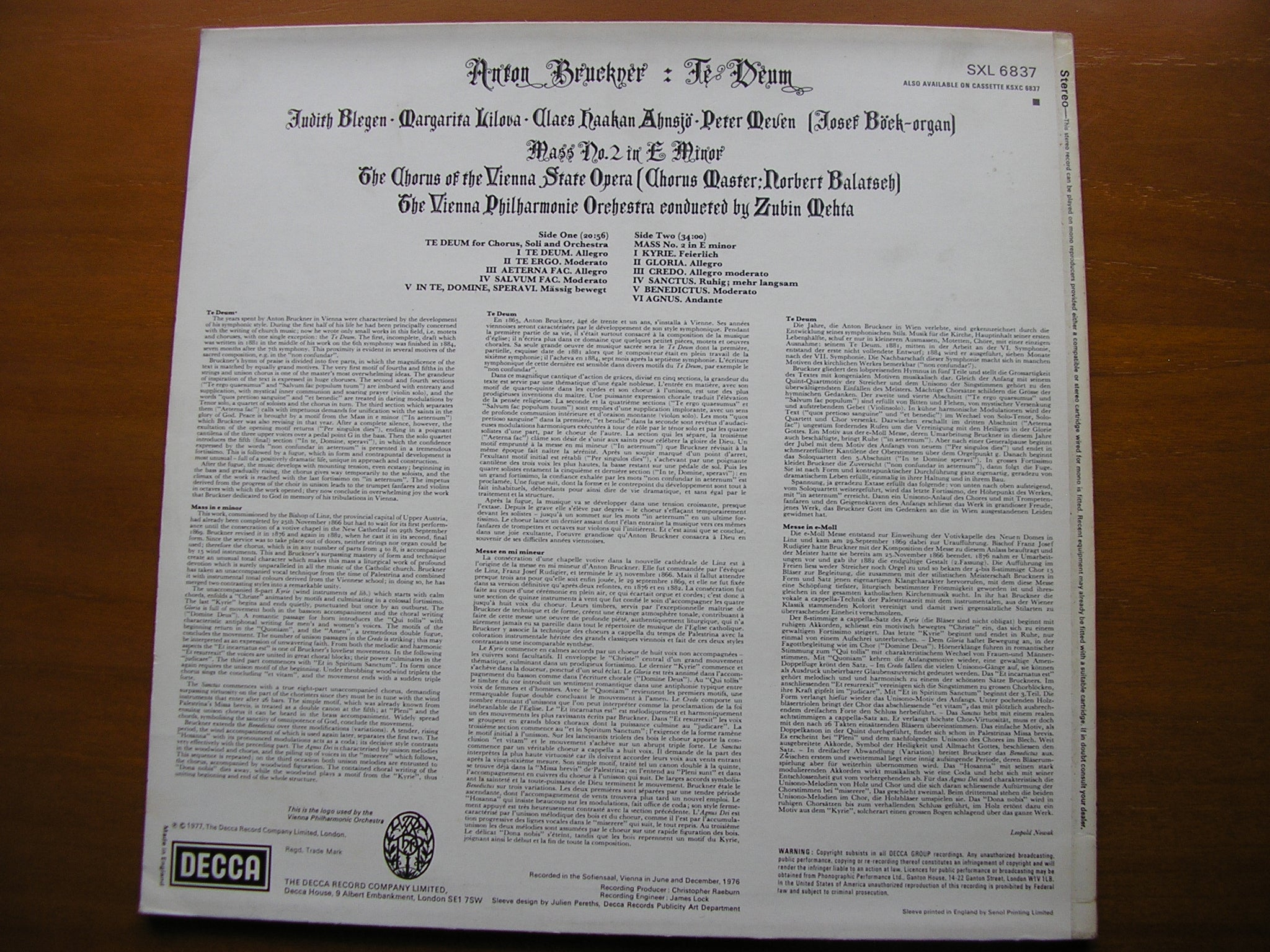 SXL 6837 BRUCKNER: TE DEUM / MASS No. 2 in E SOLOISTS / VIENNA PHILHARMONIC / MEHTA