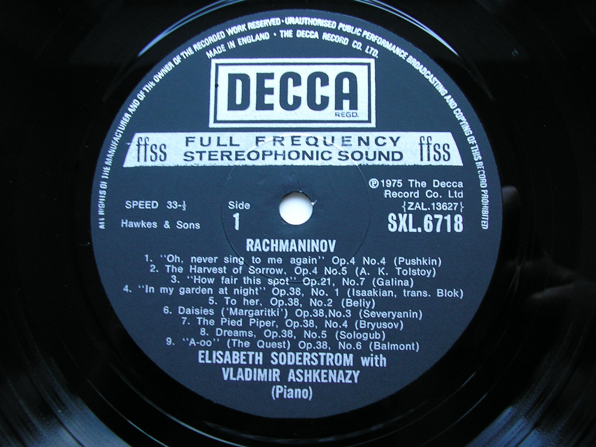 RACHMANINOV: SONGS    Volume 1     ELISABETH SODERSTROM / VLADIMIR ASHKENAZY     SXL 6718