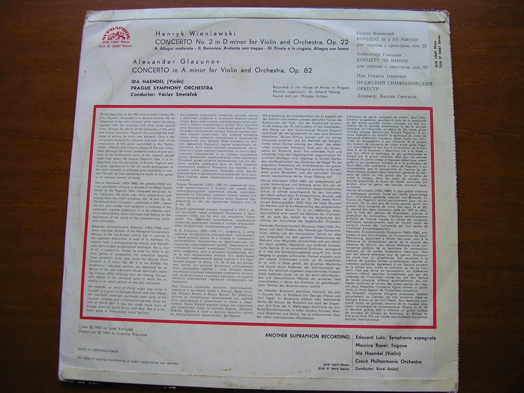 WIENIAWSKI: VIOLIN CONCERTO No. 2 / GLAVUNOV: VIOLIN CONCERTO     IDA HAENDEL / PRAGUE SYMPHONY / SMETACEK   SUA ST 50687