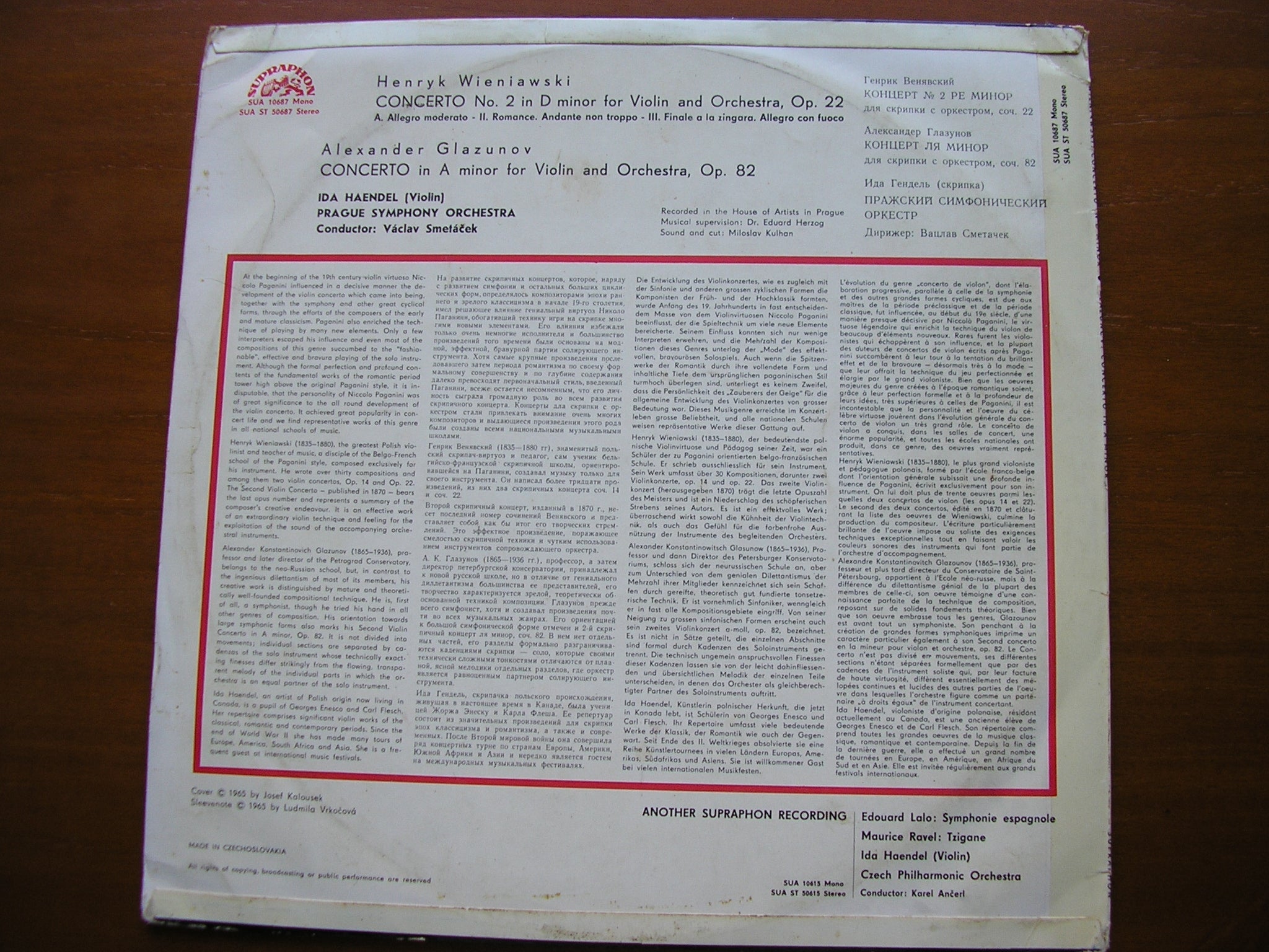 WIENIAWSKI: VIOLIN CONCERTO No. 2 / GLAVUNOV: VIOLIN CONCERTO     IDA HAENDEL / PRAGUE SYMPHONY / SMETACEK   SUA ST 50687