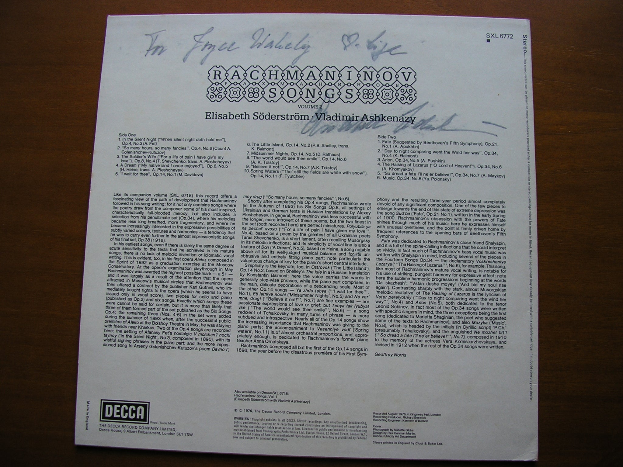 RACHMANINOV: SONGS  Volume 2      ELISABETH SODERSTROM / VLADIMIR ASHKENAZY    SXL 6772 SXL 6718