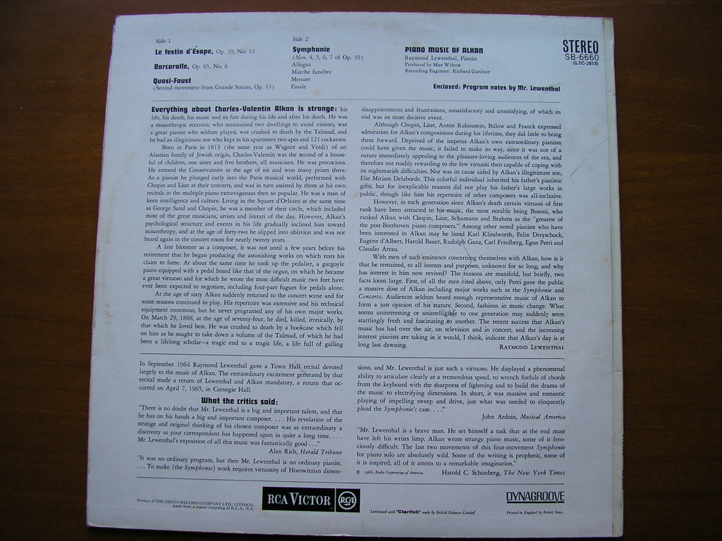 ALKAN: SYMPHONIE Op. 39 (excerpts) / THREE PIANO PIECES       RAYMOND LEWENTHAL    SB6660