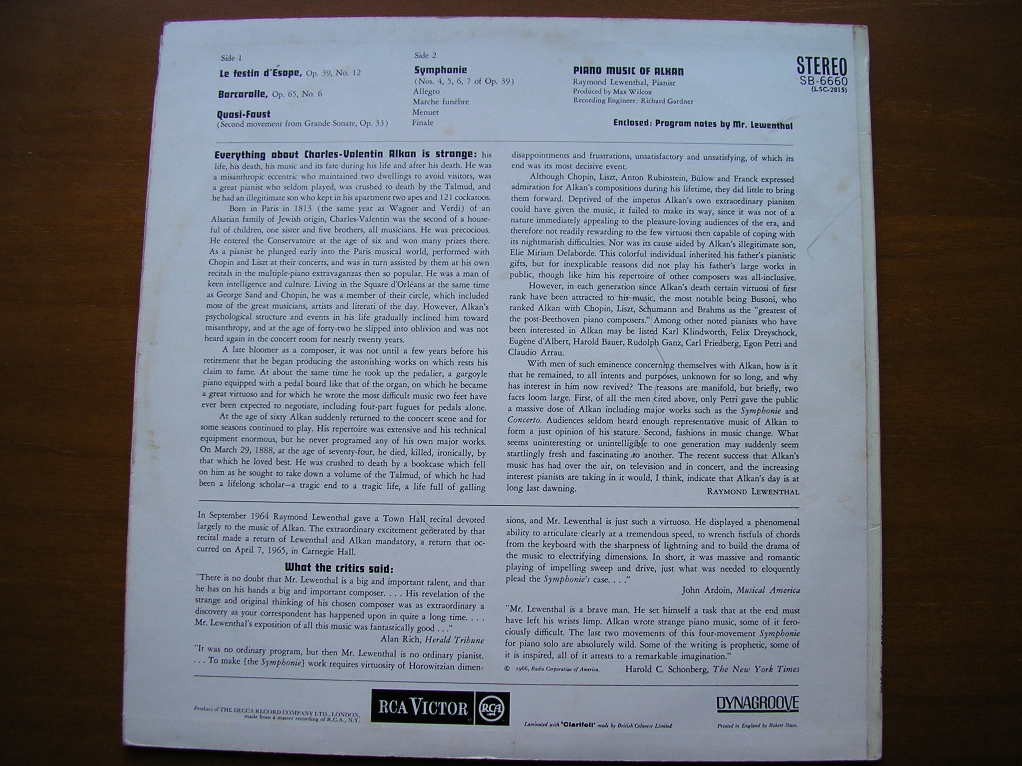 ALKAN: SYMPHONIE Op. 39 (excerpts) / THREE PIANO PIECES       RAYMOND LEWENTHAL    SB6660