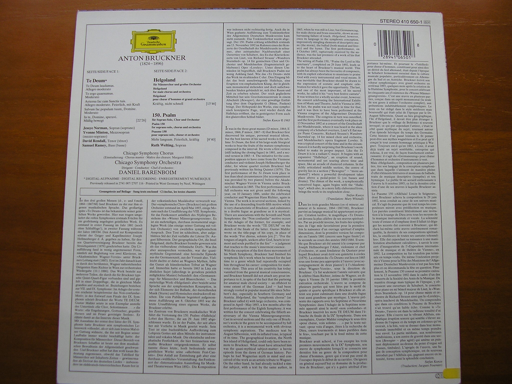BRUCKNER: TE DEUM / PSALM 150 / HELGOLAND     BARENBOIM / CHICAGO SYMPHONY   410 650