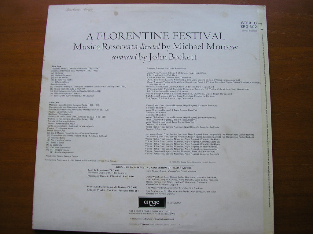 A FLORENTINE FESTIVAL: MUSIC FOR THE MEDICI WEDDING 1589      MUSICA RESERVATA / BECKETT    ZRG 602