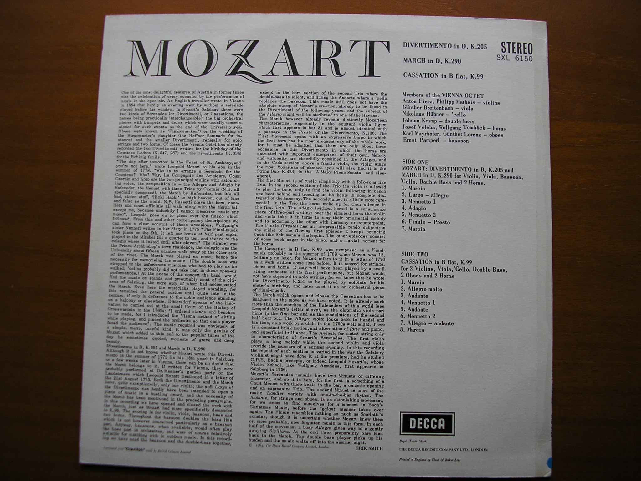 SXL 6150  MOZART: DIVERTIMENTO K205 / MARCH K290 / CASSATION K99      MEMBERS OF THE VIENNA OCTET    ED1