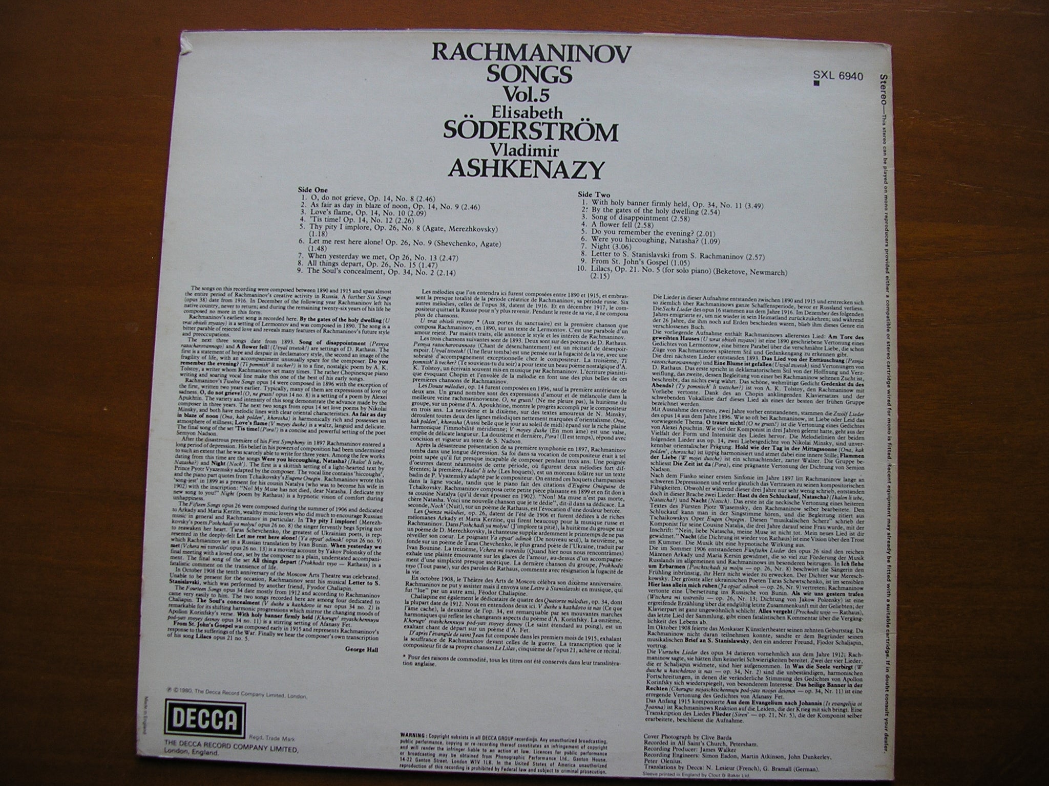 RACHMANINOV: SONGS   Volume 5     ELISABETH SODERSTROM / VLADIMIR ASHKENAZY      SXL 6940