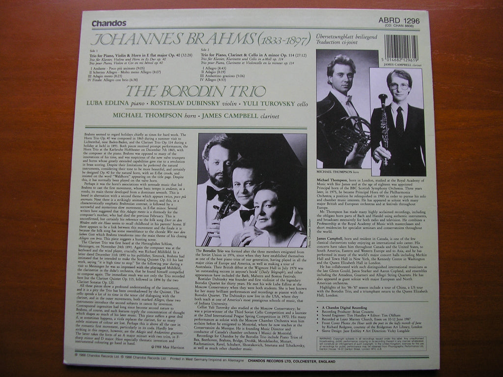 BRAHMS: TRIO Op. 40 / TRIO Op. 114    THE BORODIN TRIO / CAMPBELL / THOMPSON     ABRD 1296