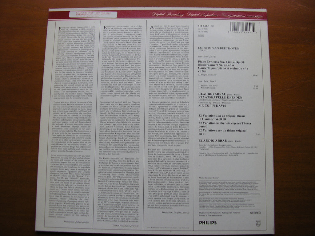 BEETHOVEN: PIANO CONCERTO No. 4     ARRAU / DRESDEN STATE ORCHESTRA / DAVIS     416 144