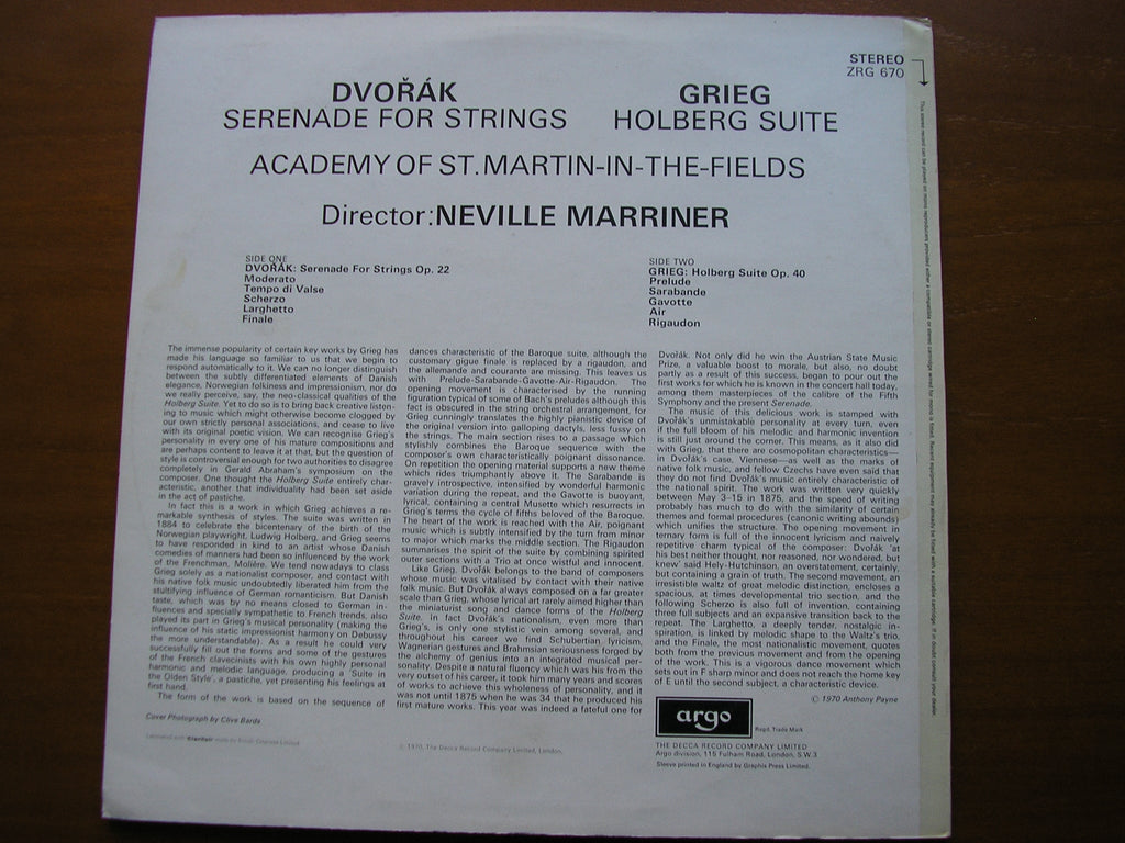 DVORAK: SERENADE FOR STRINGS / GRIEG: HOLBERG SUITE     MARRINER / ACADEMY OF ST MARTIN IN THE FIELDS     ZRG 670