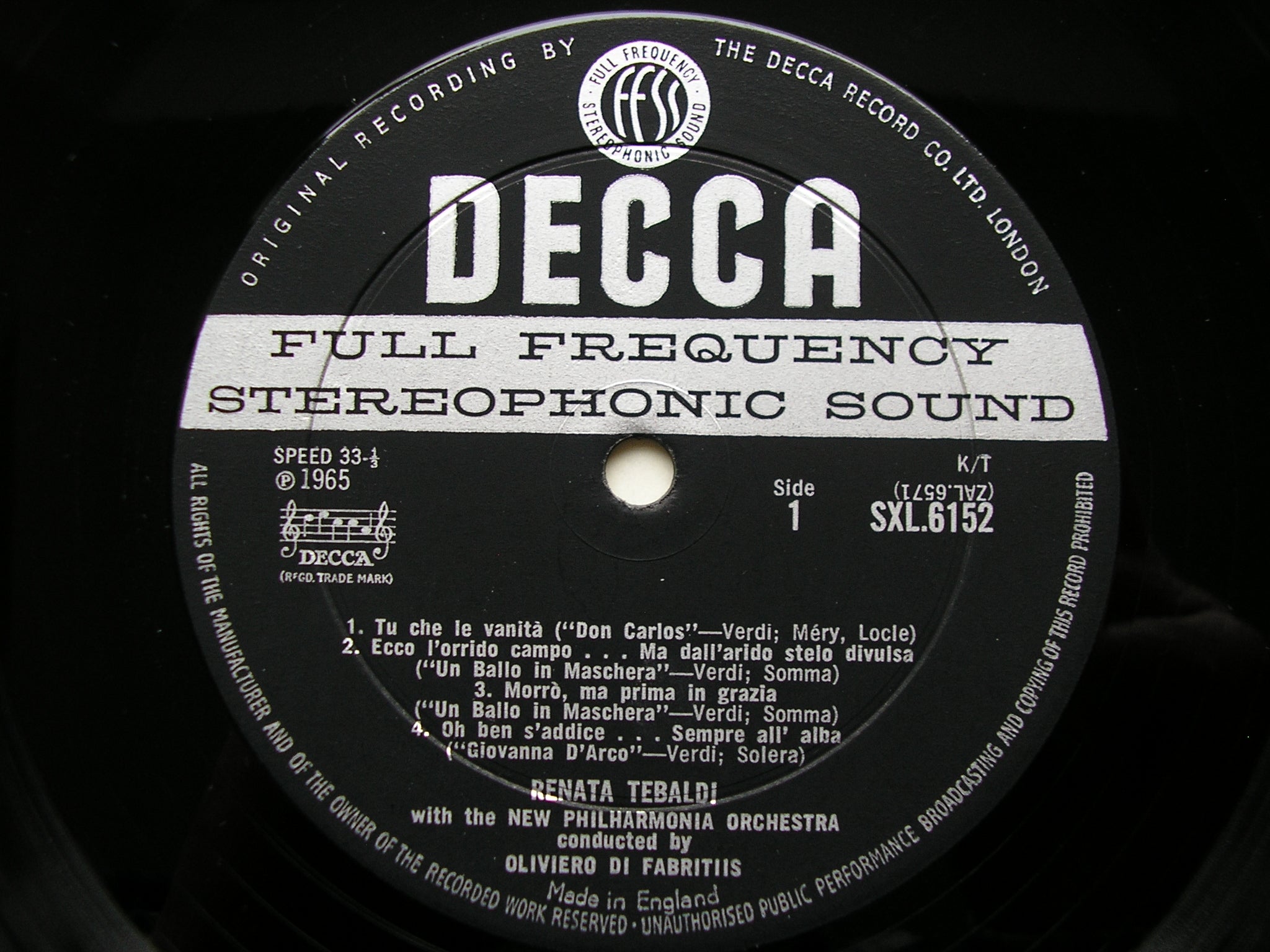 SXL 6152  RENATA TEBALDI SINGS OPERA ARIAS: VERDI / PUCCINI / CILEA / MASCAGNI      NEW PHILHARMONIA / DE FABRITIIS      ED1