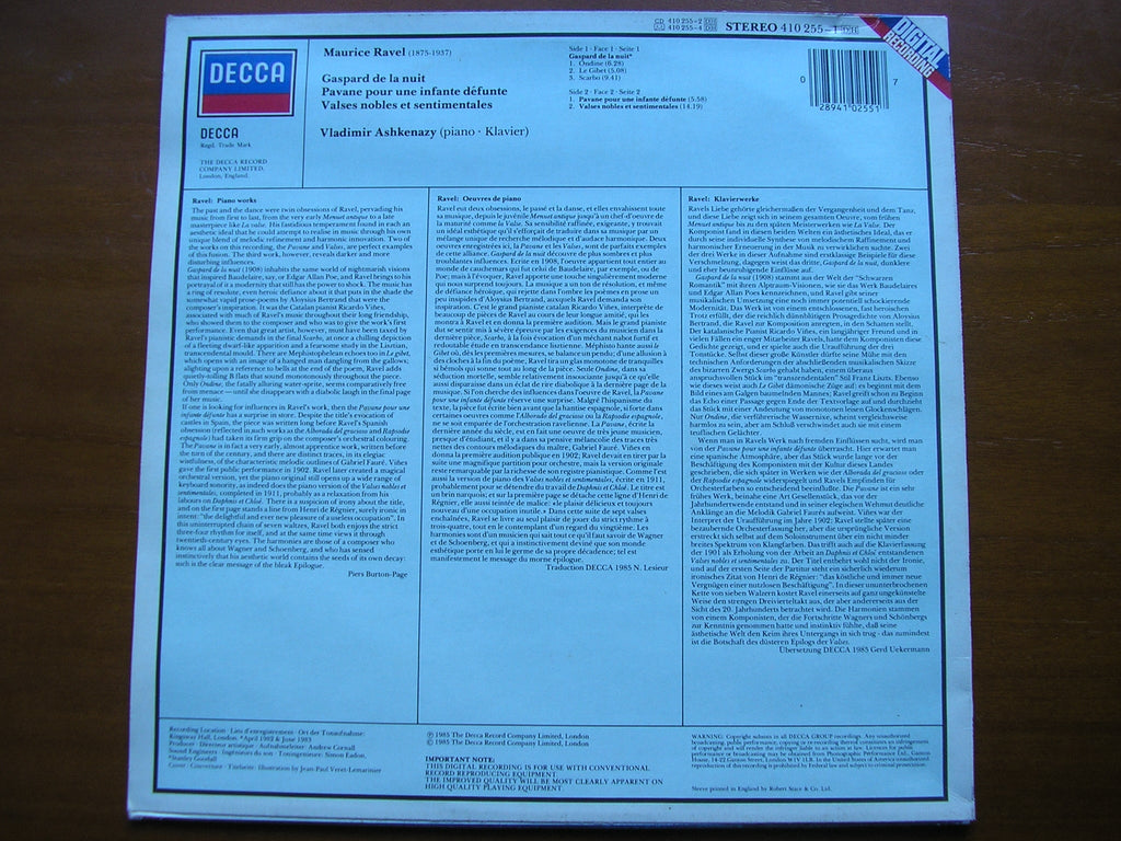 RAVEL: GASPARD DE LA NUIT / PAVANE / VALSES NOBLES ET SENTIMENTALES      ASHKENAZY     410 255