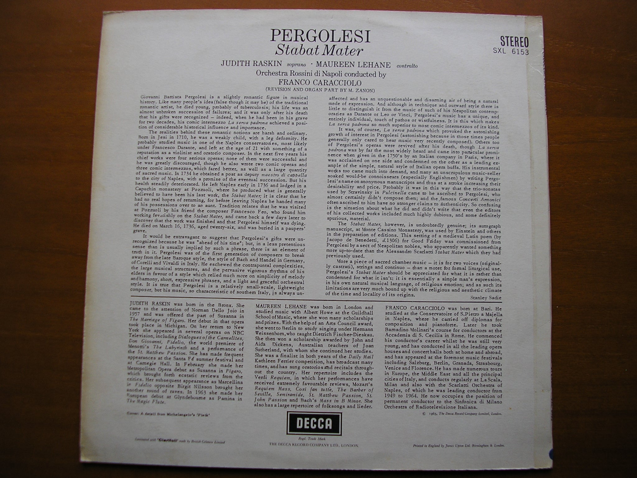SXL 6153  PERGOLESI: STABAT MATER    RASKIN / LEHANE / ROSSINI ORCHESTRA OF NAPLES / CARACCIOLO      ED1
