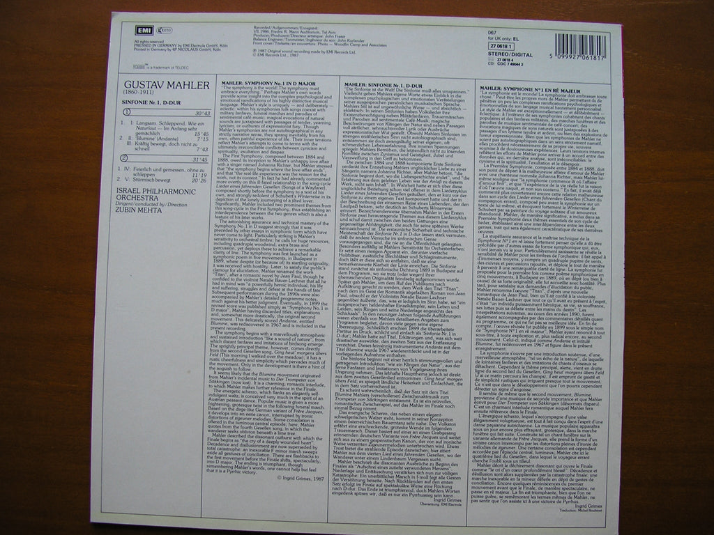 MAHLER: SYMPHONY No. 1      MEHTA / ISRAEL PHILHARMONIC      27 0618