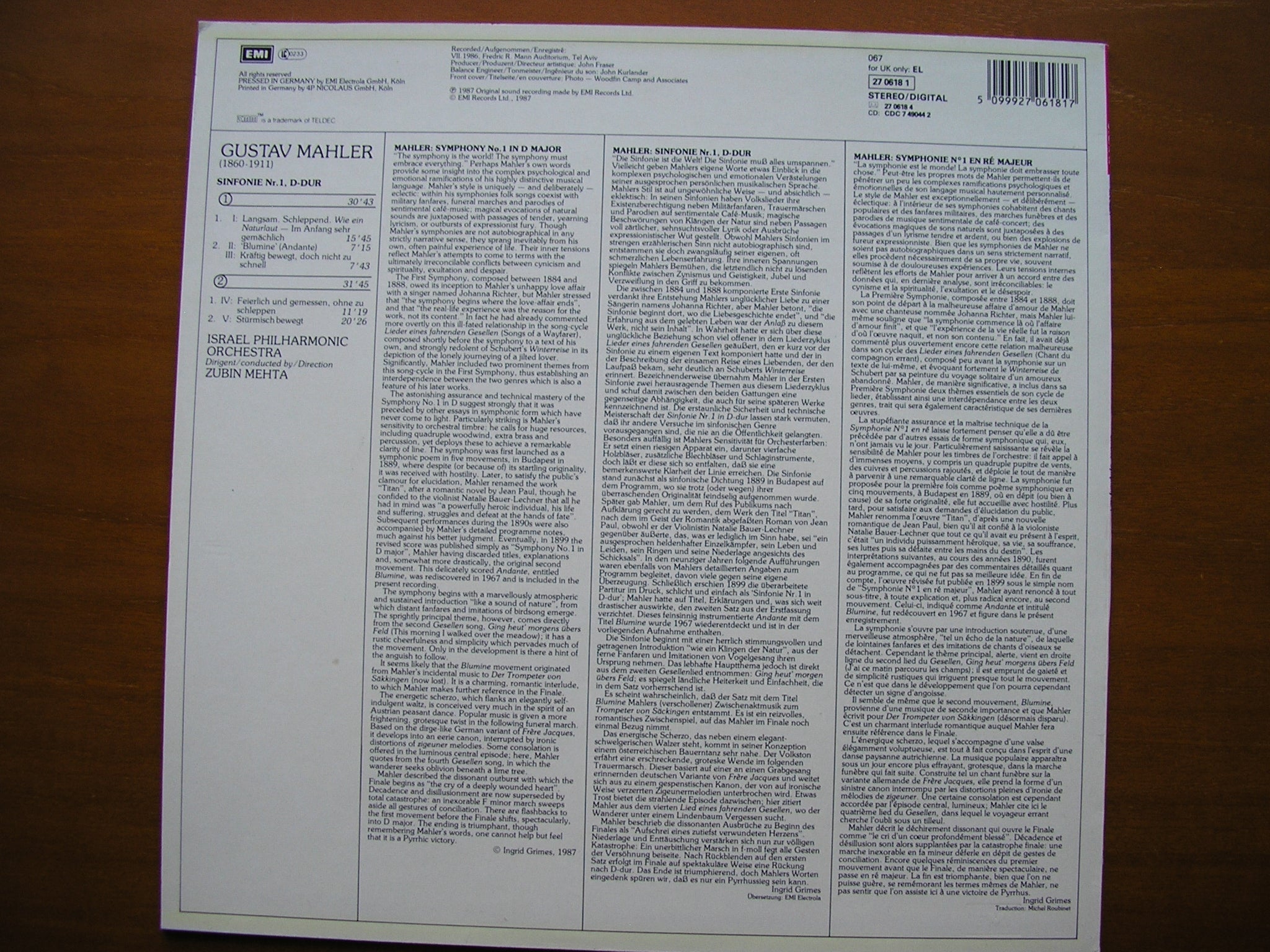 MAHLER: SYMPHONY No. 1      MEHTA / ISRAEL PHILHARMONIC      27 0618
