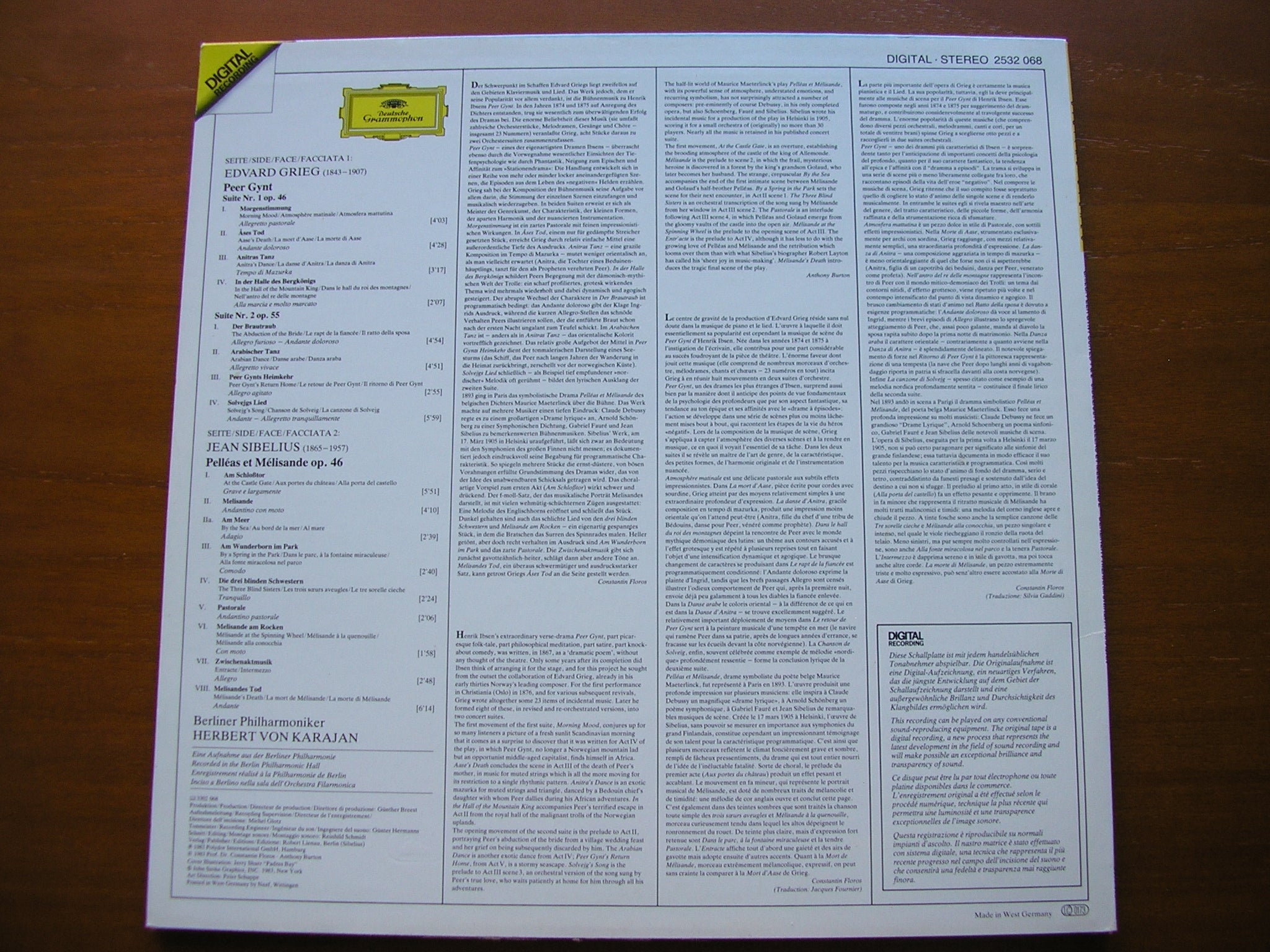 GRIEG: PEER GYNT Suites Nos. 1 & 2 / SIBELIUS: PELLEAS & MELISANDE    KARAJAN / BERLIN PHILHARMONIC    2532 068
